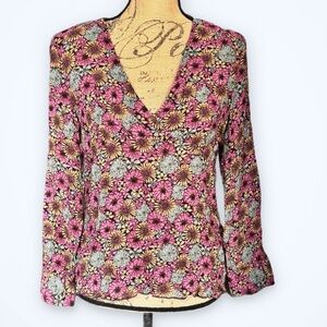 J. jill Floral V-Neck Women's Colorful Gauzy Top L Large